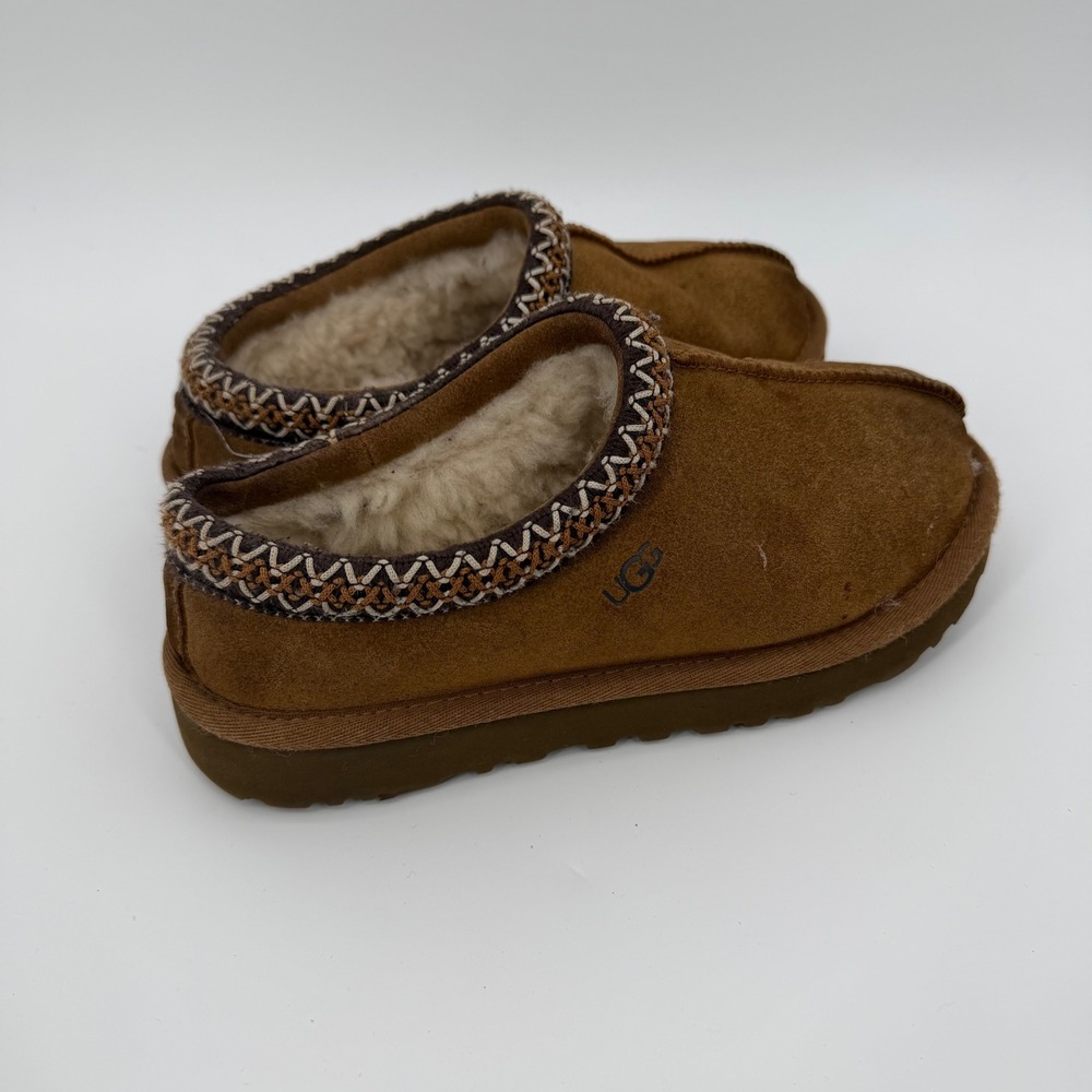 UGG Tasman Chestnut Suede Slippers Womens 6 Brown Embroidered Braid 5955